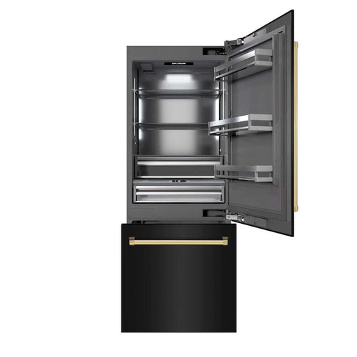 ZLINE Autograph Edition 30 in. 16.1 cu. ft. Built-In Bottom Freezer Refrigerator with Water Dispenser and Ice Maker in Black Stainless Steel with Graphite Gray Interior and Polished Gold Accents (GRBIVZ-BS-30-G)