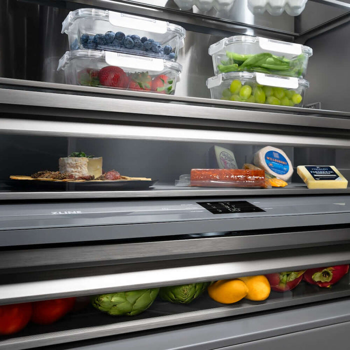 ZLINE Autograph Edition 30 in. 16.1 cu. ft. Built-In Bottom Freezer Refrigerator with Water Dispenser and Ice Maker in Black Stainless Steel with Graphite Gray Interior and Polished Gold Helix Handles (GRBIVZ-BS30KG)