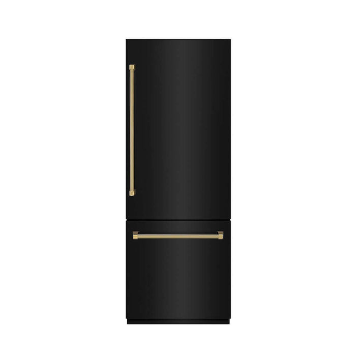 ZLINE Autograph Edition 30 in. 16.1 cu. ft. Built-In Bottom Freezer Refrigerator with Water Dispenser and Ice Maker in Black Stainless Steel with Graphite Gray Interior and Polished Gold Helix Handles (GRBIVZ-BS30KG)