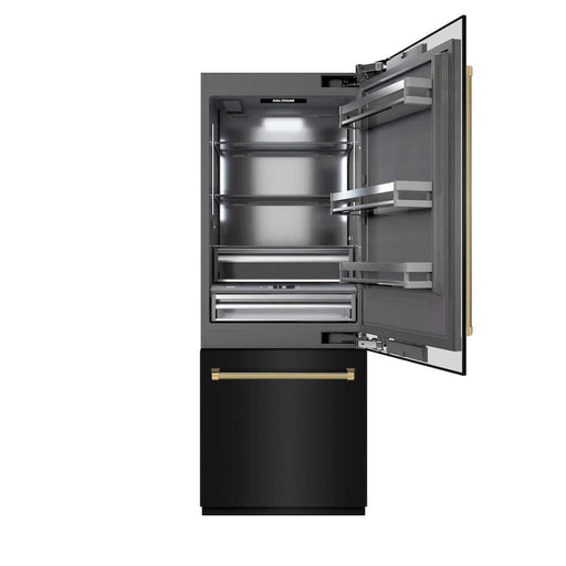 ZLINE Autograph Edition 30 in. 16.1 cu. ft. Built-In Bottom Freezer Refrigerator with Water Dispenser and Ice Maker in Black Stainless Steel with Graphite Gray Interior and Polished Gold Helix Handles (GRBIVZ-BS30KG)