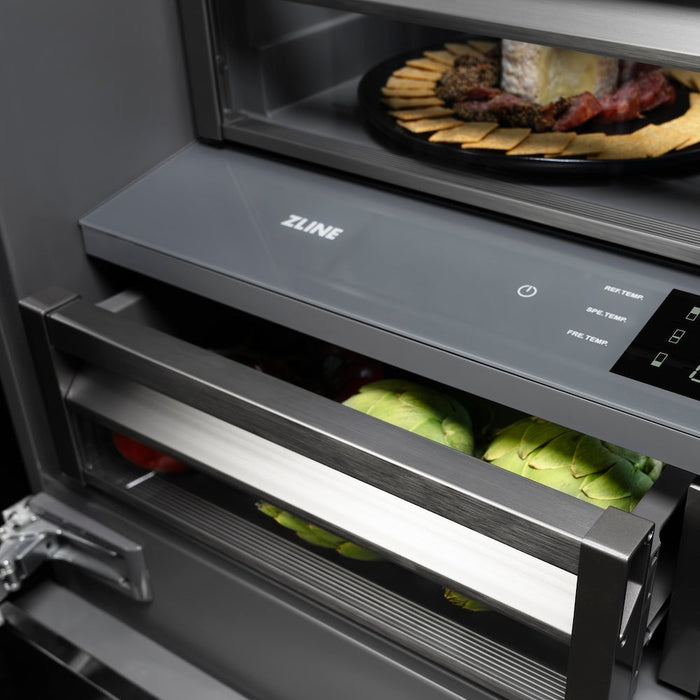 ZLINE Autograph Edition 36 in. 19.6 cu. ft. French Door Built-In Bottom Freezer Refrigerator with Water Dispenser and Ice Maker in Black Stainless Steel with Graphite Gray Interior and Polished Gold Accents (GRBIVZ-BS-36-G)