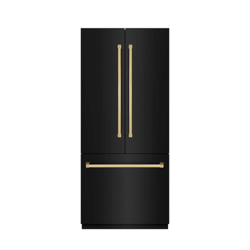 ZLINE Autograph Edition 36 in. 19.6 cu. ft. French Door Built-In Bottom Freezer Refrigerator with Water Dispenser and Ice Maker in Black Stainless Steel with Graphite Gray Interior and Polished Gold Accents (GRBIVZ-BS-36-G)