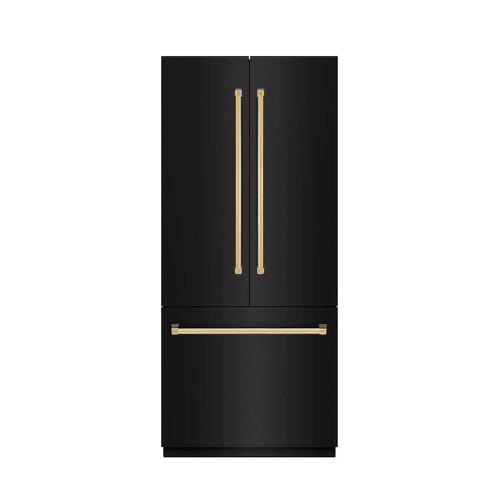 ZLINE Autograph Edition 36 in. 19.6 cu. ft. French Door Built-In Bottom Freezer Refrigerator with Water Dispenser and Ice Maker in Black Stainless Steel with Graphite Gray Interior and Polished Gold Accents (GRBIVZ-BS-36-G)