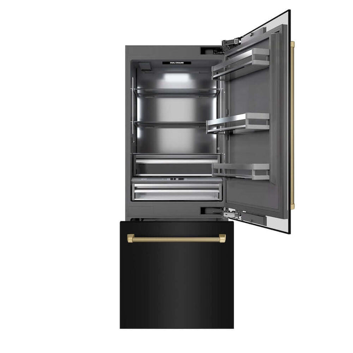 ZLINE Autograph Edition 30 in. 16.1 cu. ft. Built-In Bottom Freezer Refrigerator with Water Dispenser and Ice Maker in Black Stainless Steel with Graphite Gray Interior and Champagne Bronze Helix Handles (GRBIVZ-BS30KCB)