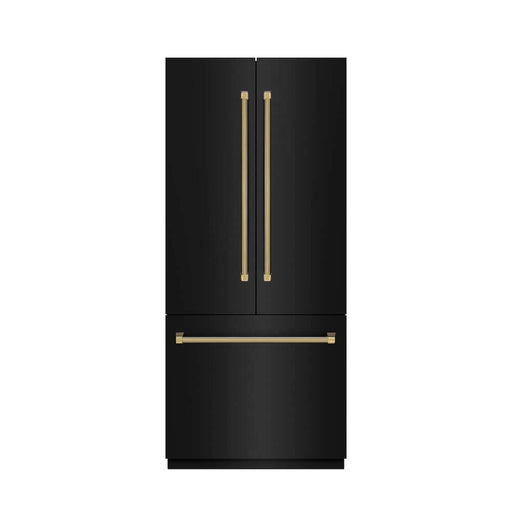 ZLINE Autograph Edition 36 in. 19.6 cu. ft. French Door Built-In Bottom Freezer Refrigerator with Water Dispenser and Ice Maker in Black Stainless Steel with Graphite Gray Interior and Polished Gold Helix Handles (GRBIVZ-BS36KG)