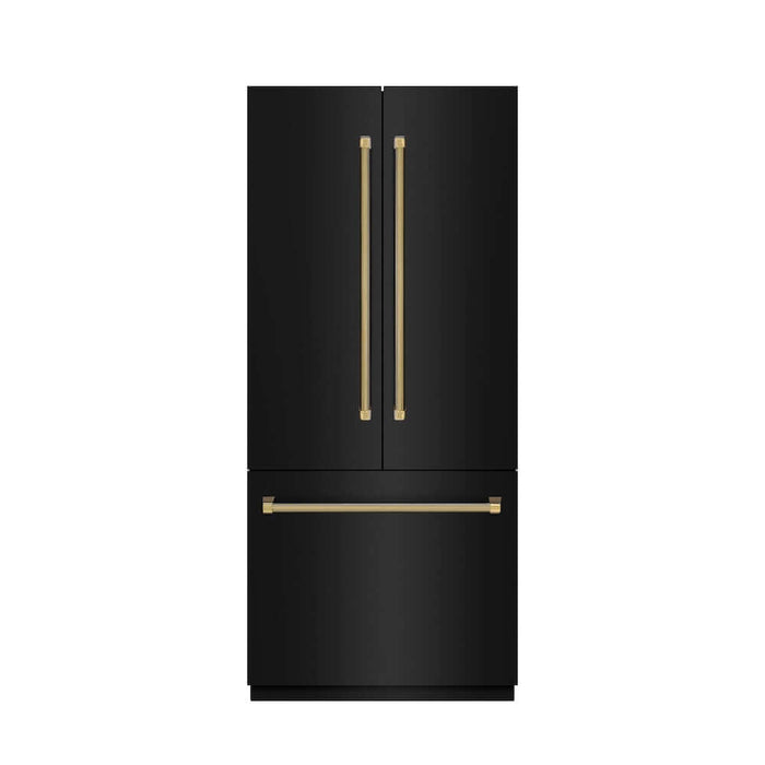 ZLINE Autograph Edition 36 in. 19.6 cu. ft. French Door Built-In Bottom Freezer Refrigerator with Water Dispenser and Ice Maker in Black Stainless Steel with Graphite Gray Interior and Polished Gold Helix Handles (GRBIVZ-BS36KG)