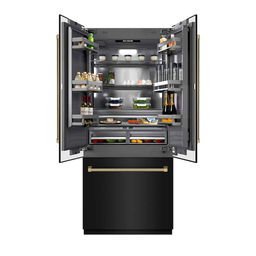 ZLINE Autograph Edition 36 in. 19.6 cu. ft. French Door Built-In Bottom Freezer Refrigerator with Water Dispenser and Ice Maker in Black Stainless Steel with Graphite Gray Interior and Polished Gold Helix Handles (GRBIVZ-BS36KG)