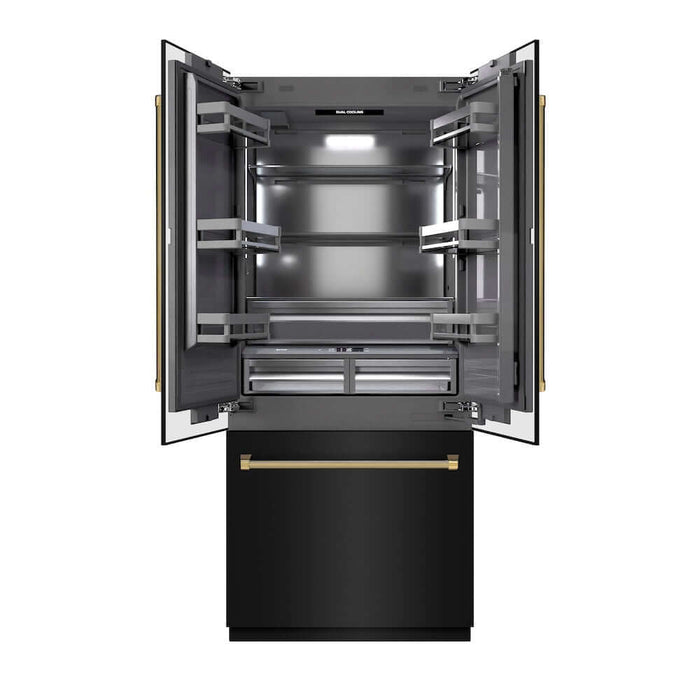 ZLINE Autograph Edition 36 in. 19.6 cu. ft. French Door Built-In Bottom Freezer Refrigerator with Water Dispenser and Ice Maker in Black Stainless Steel with Graphite Gray Interior and Polished Gold Helix Handles (GRBIVZ-BS36KG)