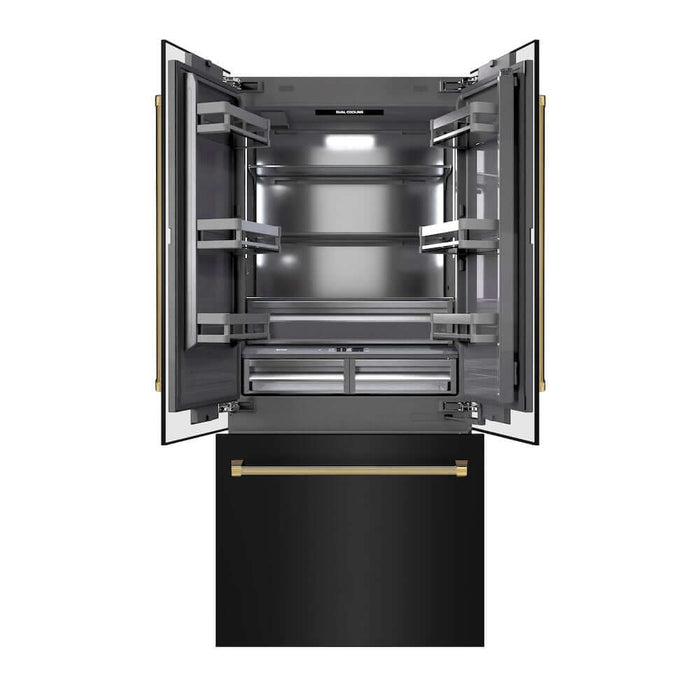 ZLINE Autograph Edition 36 in. 19.6 cu. ft. French Door Built-In Bottom Freezer Refrigerator with Water Dispenser and Ice Maker in Black Stainless Steel with Graphite Gray Interior and Polished Gold Helix Handles (GRBIVZ-BS36KG)