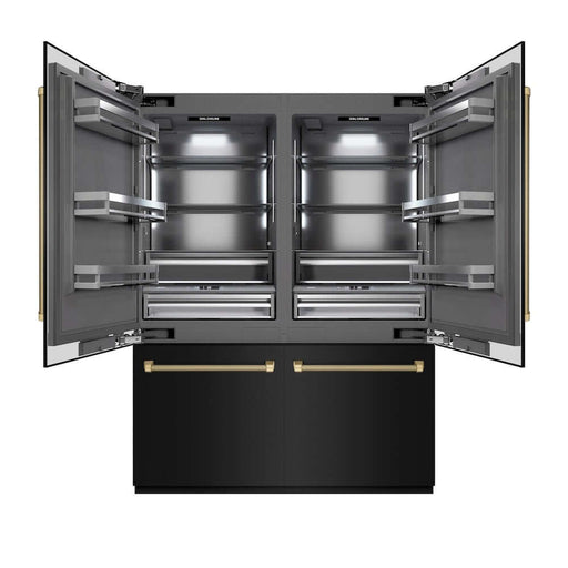 ZLINE Autograph Edition 60 in. 32.2 cu. ft. French Door Built-In Bottom Freezer Refrigerator with Water Dispenser and Ice Maker in Black Stainless Steel with Graphite Gray Interior and Champagne Bronze Helix Handles (GRBIVZ-BS60KCB)
