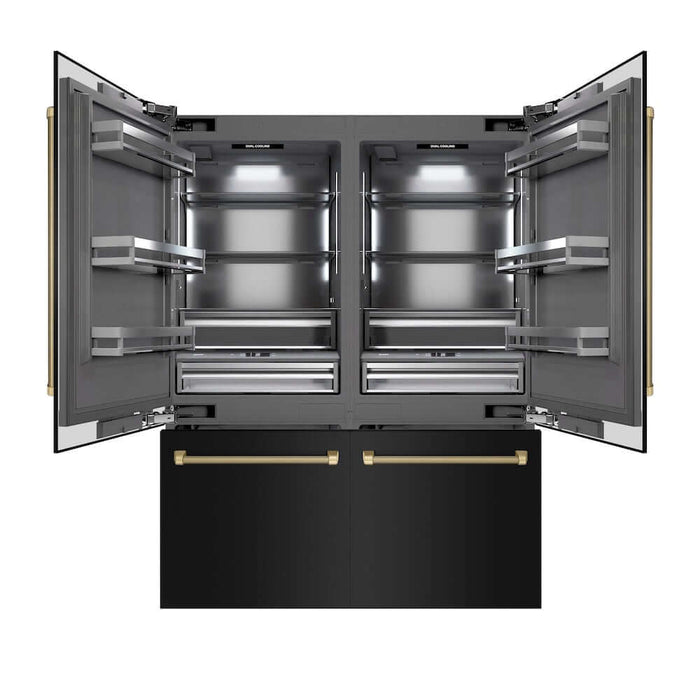 ZLINE Autograph Edition 60 in. 32.2 cu. ft. French Door Built-In Bottom Freezer Refrigerator with Water Dispenser and Ice Maker in Black Stainless Steel with Graphite Gray Interior and Champagne Bronze Helix Handles (GRBIVZ-BS60KCB)