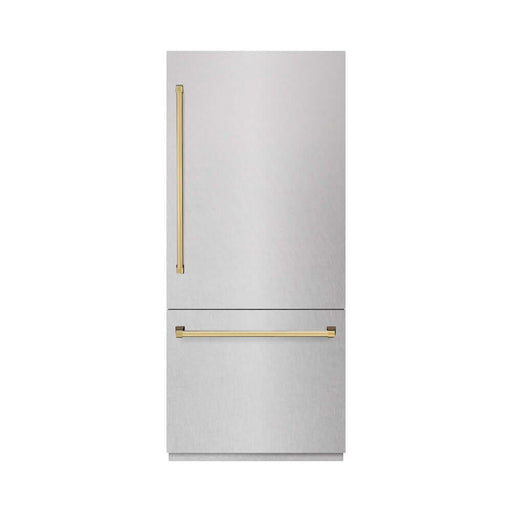 ZLINE Autograph Edition 36 in. 19.8 cu. ft. Built-In Bottom Freezer Refrigerator with Water Dispenser and Ice Maker in Satin Stainless Steel with Graphite Gray Interior and Polished Gold Accents (GRBITZ-SN-36-G)