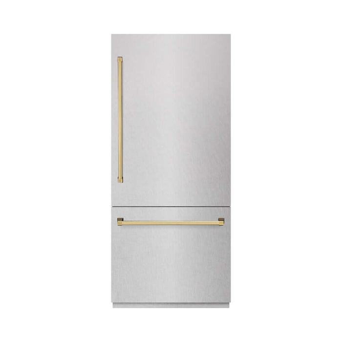 ZLINE Autograph Edition 36 in. 19.8 cu. ft. Built-In Bottom Freezer Refrigerator with Water Dispenser and Ice Maker in Satin Stainless Steel with Graphite Gray Interior and Polished Gold Accents (GRBITZ-SN-36-G)