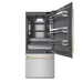 ZLINE Autograph Edition 36 in. 19.8 cu. ft. Built-In Bottom Freezer Refrigerator with Water Dispenser and Ice Maker in Satin Stainless Steel with Graphite Gray Interior and Polished Gold Accents (GRBITZ-SN-36-G)