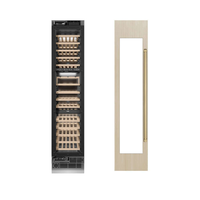 ZLINE Autograph Edition 18 in. 9.0 cu. ft. Triple Zone 68 Bottle Panel Ready Left Hinge Column Wine Cooler with Champagne Bronze Accents (RBCWVLZ-18-CB)