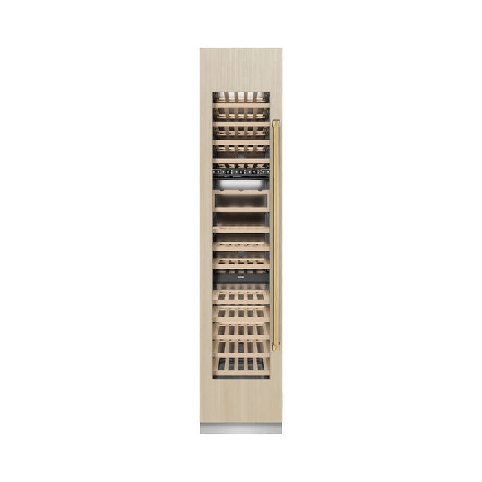 ZLINE Autograph Edition 18 in. 9.0 cu. ft. Triple Zone 68 Bottle Panel Ready Left Hinge Column Wine Cooler with Polished Gold Accents (RBCWVLZ-18-G)