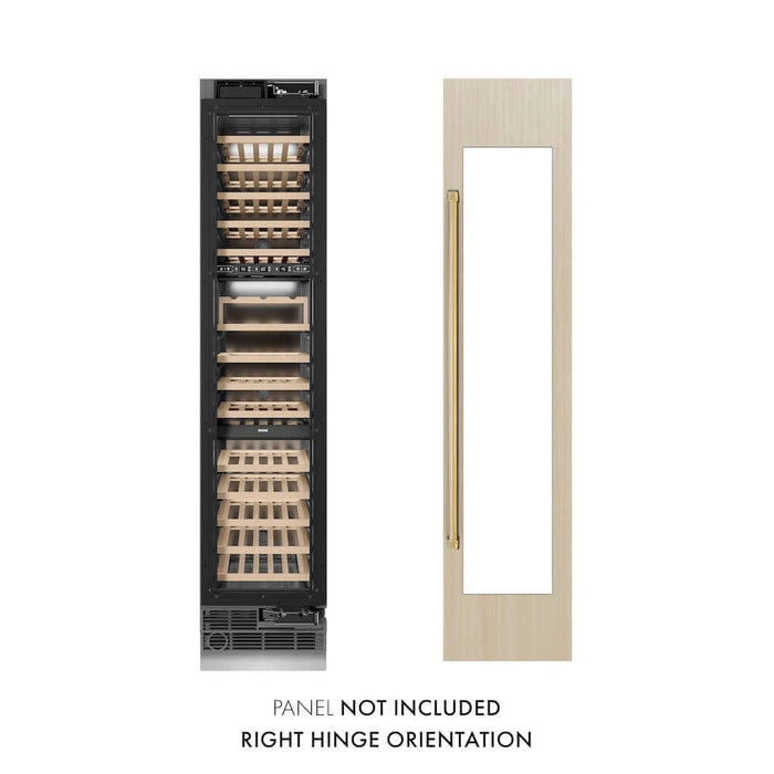 ZLINE Autograph Edition 18 in. 9.0 cu. ft. Triple Zone 68 Bottle Panel Ready Right Hinge Column Wine Cooler with Polished Gold Accents (RBCWVRZ-18-G)