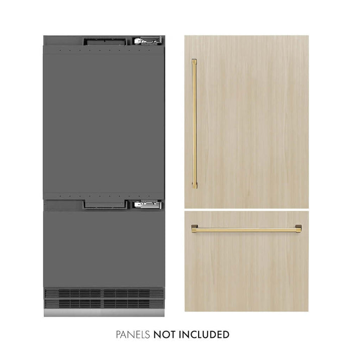 ZLINE Autograph Edition 36 in. 19.8 cu. ft. Panel Ready Built-In Bottom Freezer Refrigerator with Water Dispenser and Ice Maker with Graphite Gray Interior and Polished Gold Accents (GRBITZ-36-G)