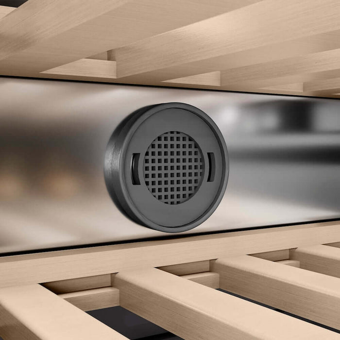 ZLINE Autograph Edition 18 in. 9.0 cu. ft. Triple Zone 68 Bottle Left Hinge Column Wine Cooler in Satin Stainless Steel with Champagne Bronze Accents (RCWVLZ-SN-18-CB)