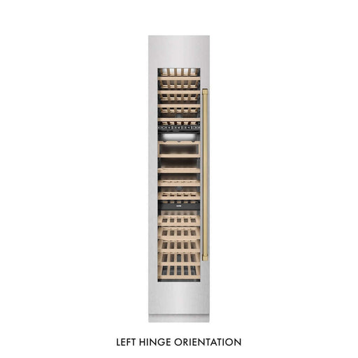 ZLINE Autograph Edition 18 in. 9.0 cu. ft. Triple Zone 68 Bottle Left Hinge Column Wine Cooler in Satin Stainless Steel with Champagne Bronze Accents (RCWVLZ-SN-18-CB)