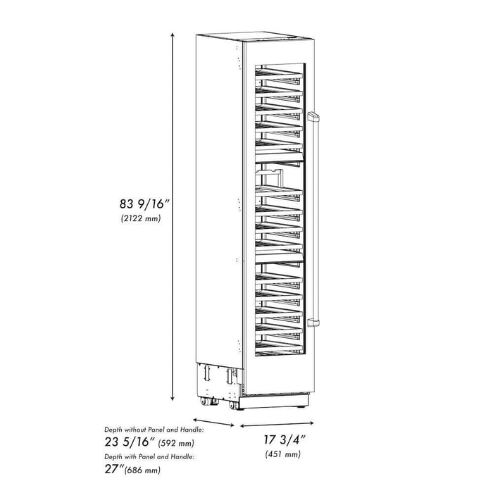 ZLINE Autograph Edition 18 in. 9.0 cu. ft. Triple Zone 68 Bottle Left Hinge Column Wine Cooler in Satin Stainless Steel with Polished Gold Accents (RCWVLZ-SN-18-G)