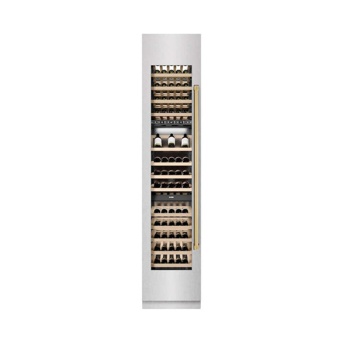 ZLINE Autograph Edition 18 in. 9.0 cu. ft. Triple Zone 68 Bottle Left Hinge Column Wine Cooler in Satin Stainless Steel with Polished Gold Accents (RCWVLZ-SN-18-G)