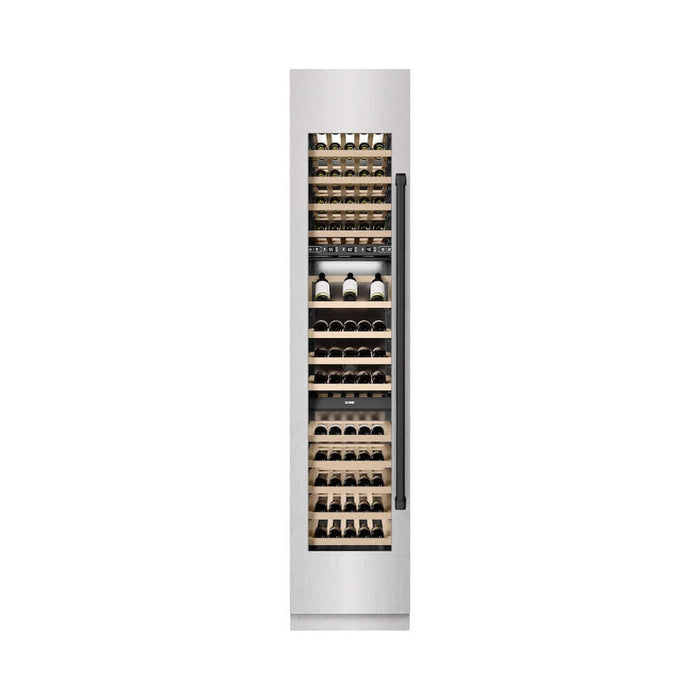 ZLINE Autograph Edition 18 in. 9.0 cu. ft. Triple Zone 68 Bottle Left Hinge Column Wine Cooler in Satin Stainless Steel with Matte Black Accents (RCWVLZ-SN-18-MB)