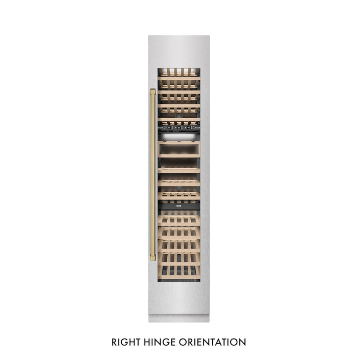 ZLINE Autograph Edition 18 in. 9.0 cu. ft. Triple Zone 68 Bottle Right Hinge Column Wine Cooler in Satin Stainless Steel with Champagne Bronze Accents (RCWVRZ-SN-18-CB)