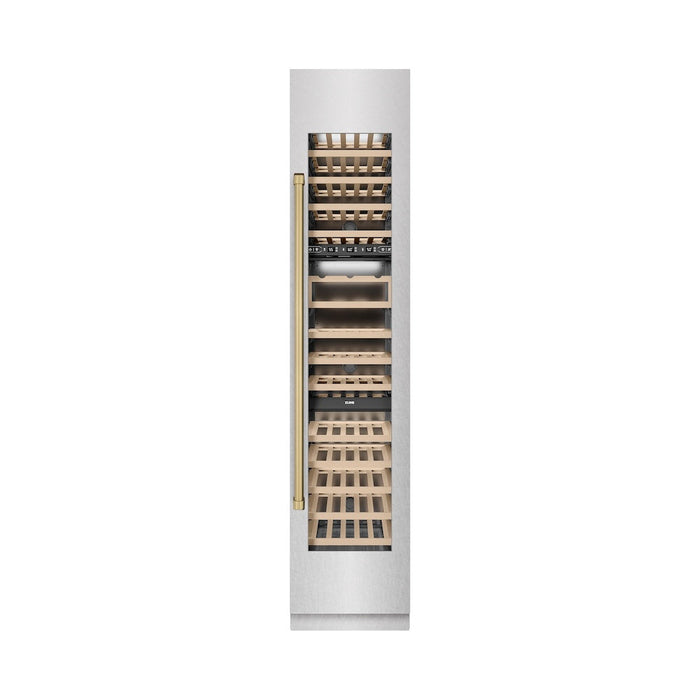ZLINE Autograph Edition 18 in. 9.0 cu. ft. Triple Zone 68 Bottle Right Hinge Column Wine Cooler in Satin Stainless Steel with Champagne Bronze Accents (RCWVRZ-SN-18-CB)