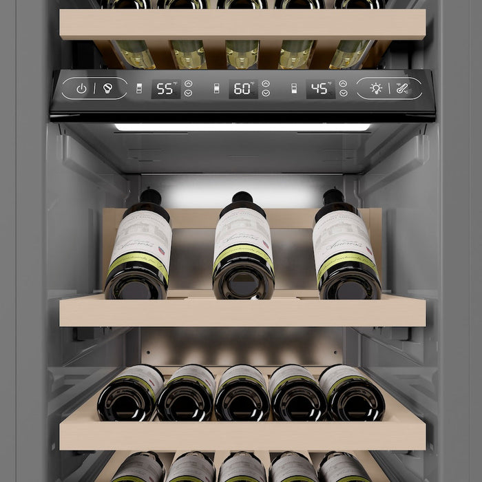 ZLINE Autograph Edition 18 in. 9.0 cu. ft. Triple Zone 68 Bottle Right Hinge Column Wine Cooler in Satin Stainless Steel with Polished Gold Accents (RCWVRZ-SN-18-G)