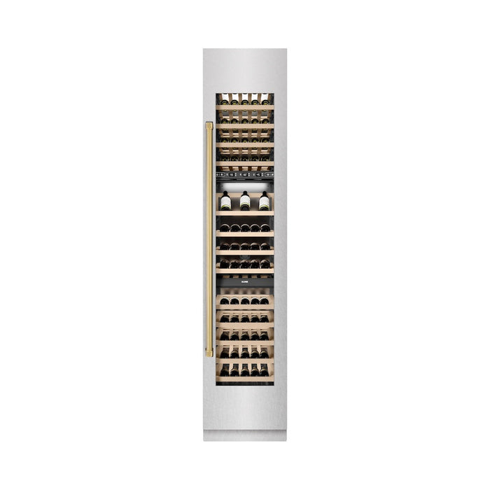 ZLINE Autograph Edition 18 in. 9.0 cu. ft. Triple Zone 68 Bottle Right Hinge Column Wine Cooler in Satin Stainless Steel with Polished Gold Accents (RCWVRZ-SN-18-G)