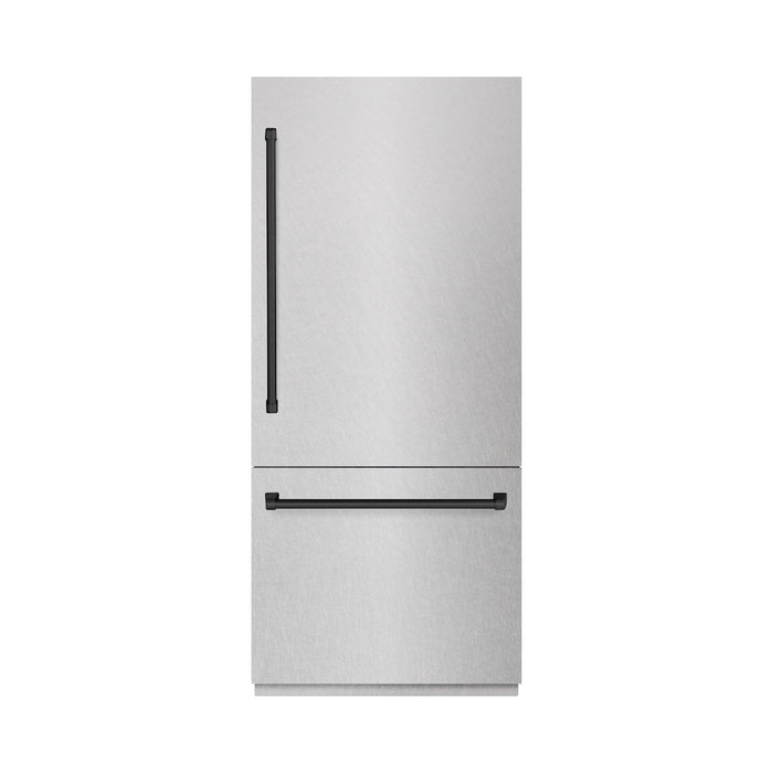ZLINE Autograph Edition 36 in. 19.8 cu. ft. Built-In Bottom Freezer Refrigerator with Water Dispenser and Ice Maker in Satin Stainless Steel with Graphite Gray Interior and Matte Black Accents (GRBITZ-SN-36-MB)