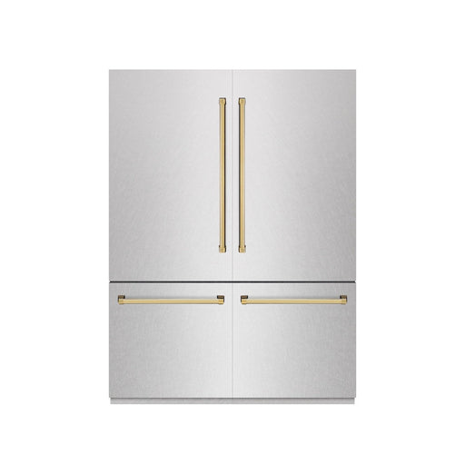 ZLINE Autograph Edition 60 in. 32.2 cu. ft. French Door Built-In Bottom Freezer Refrigerator with Water Dispenser and Ice Maker in Satin Stainless Steel with Graphite Gray Interior and Champagne Bronze Accents (GRBIVZ-SN-60-CB)