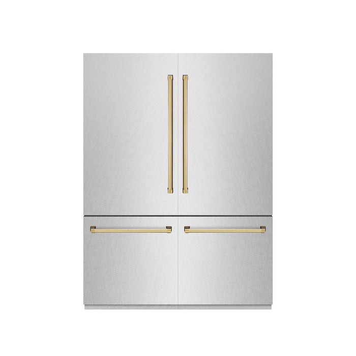 ZLINE Autograph Edition 60 in. 32.2 cu. ft. French Door Built-In Bottom Freezer Refrigerator with Water Dispenser and Ice Maker in Satin Stainless Steel with Graphite Gray Interior and Champagne Bronze Accents (GRBIVZ-SN-60-CB)