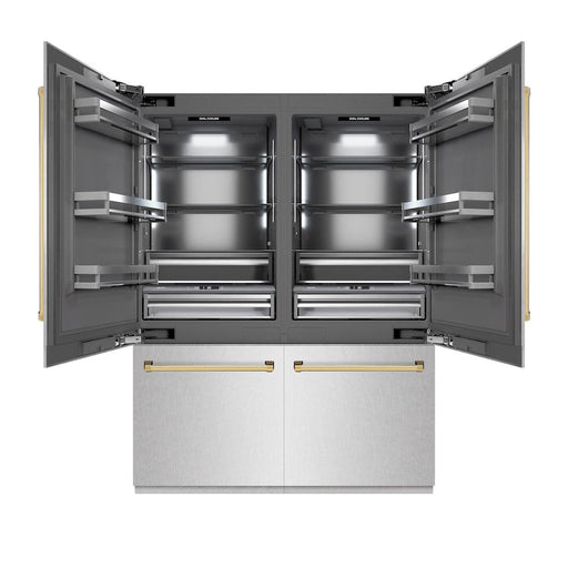 ZLINE Autograph Edition 60 in. 32.2 cu. ft. French Door Built-In Bottom Freezer Refrigerator with Water Dispenser and Ice Maker in Satin Stainless Steel with Graphite Gray Interior and Champagne Bronze Accents (GRBIVZ-SN-60-CB)