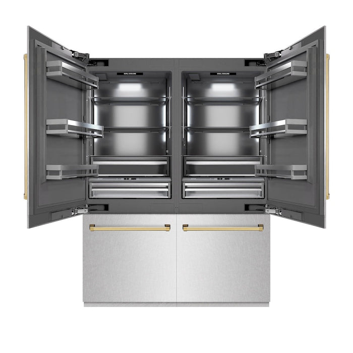 ZLINE Autograph Edition 60 in. 32.2 cu. ft. French Door Built-In Bottom Freezer Refrigerator with Water Dispenser and Ice Maker in Satin Stainless Steel with Graphite Gray Interior and Champagne Bronze Accents (GRBIVZ-SN-60-CB)