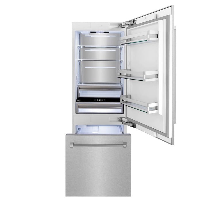 ZLINE 30 in. 16.1 cu. ft. Built-In Bottom Freezer Refrigerator with Water Dispenser and Ice Maker in Satin Stainless Steel (RBIV-SN-30)