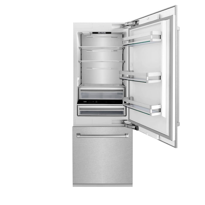 ZLINE 30 in. 16.1 cu. ft. Built-In Bottom Freezer Refrigerator with Water Dispenser and Ice Maker in Satin Stainless Steel (RBIV-SN-30)