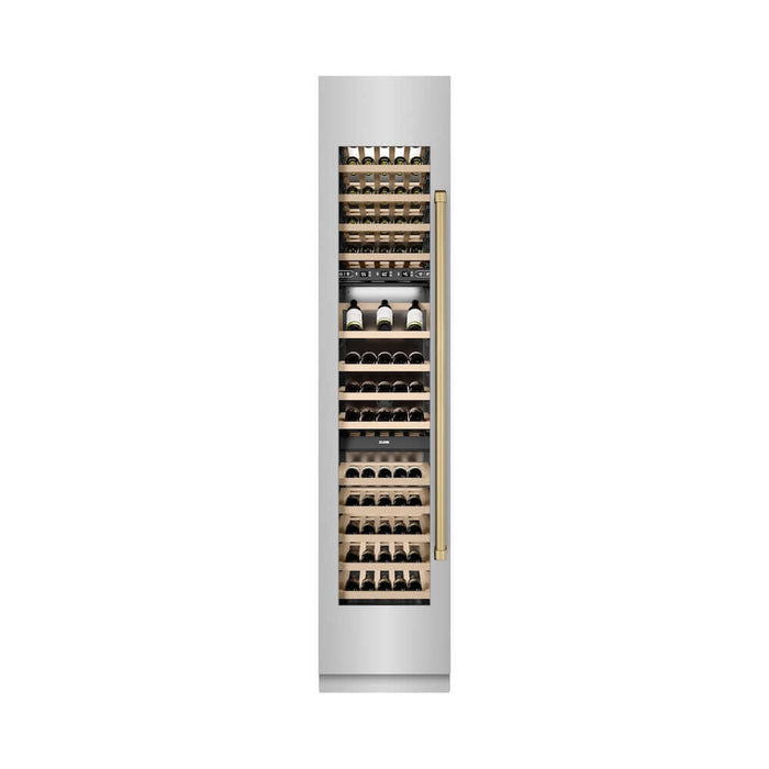 ZLINE Autograph Edition 18 in. 9.0 cu. ft. Triple Zone 68 Bottle Left Hinge Column Wine Cooler in Stainless Steel with Champagne Bronze Accents (RCWVLZ-30418-CB)