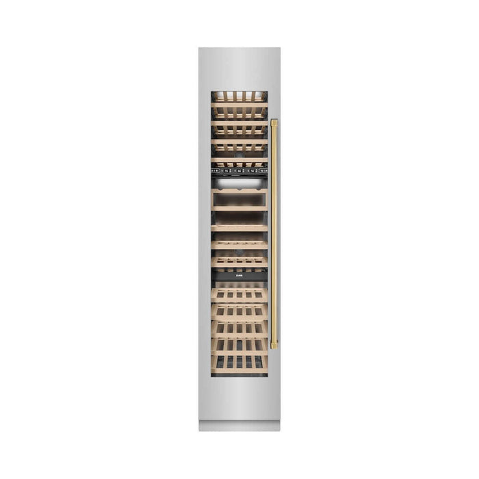 ZLINE Autograph Edition 18 in. 9.0 cu. ft. Triple Zone 68 Bottle Left Hinge Column Wine Cooler in Stainless Steel with Polished Gold Accents (RCWVLZ-30418-G)