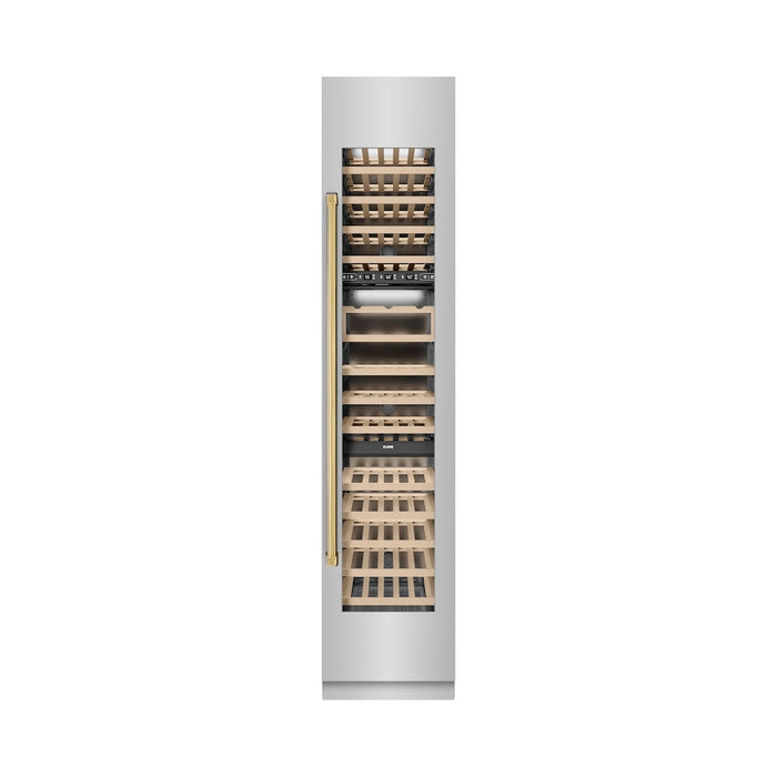 ZLINE Autograph Edition 18 in. 9.0 cu. ft. Triple Zone 68 Bottle Right Hinge Column Wine Cooler in Stainless Steel with Polished Gold Accents (RCWVRZ-30418-G)