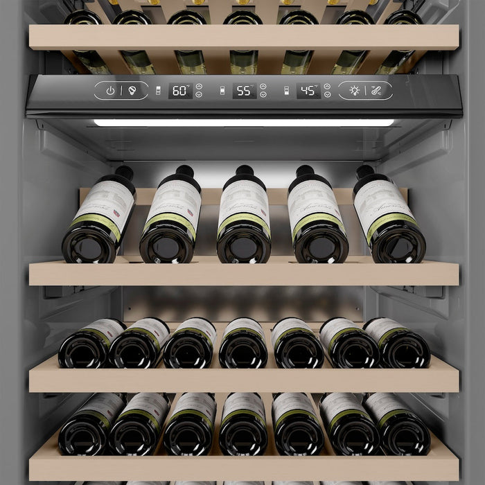 ZLINE Autograph Edition 24 in. 12.4 cu. ft. Triple Zone 100 Bottle Column Wine Cooler in Stainless Steel and Champagne Bronze Accents (RCWVZ-304-24-CB)