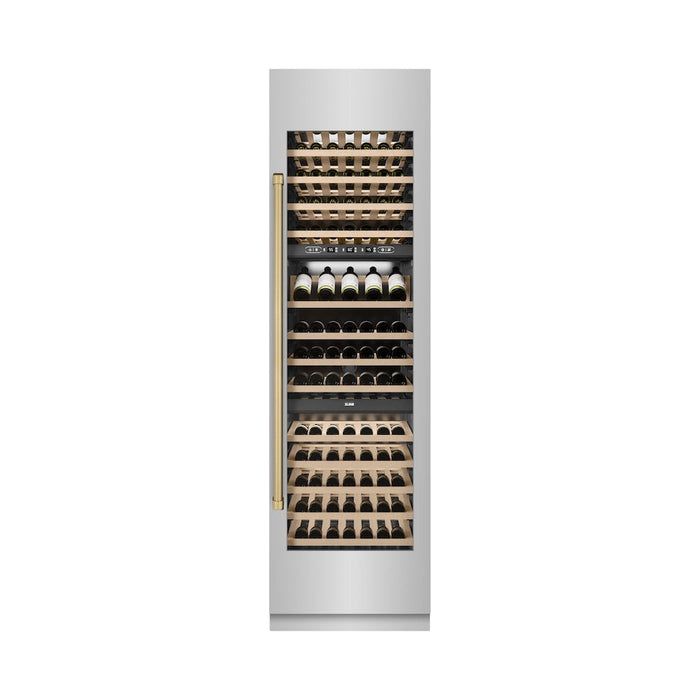 ZLINE Autograph Edition 24 in. 12.4 cu. ft. Triple Zone 100 Bottle Column Wine Cooler in Stainless Steel and Champagne Bronze Accents (RCWVZ-304-24-CB)