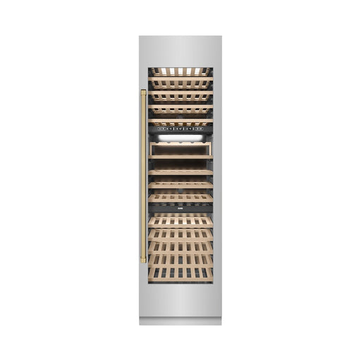 ZLINE Autograph Edition 24 in. 12.4 cu. ft. Triple Zone 100 Bottle Column Wine Cooler in Stainless Steel and Champagne Bronze Accents (RCWVZ-304-24-CB)