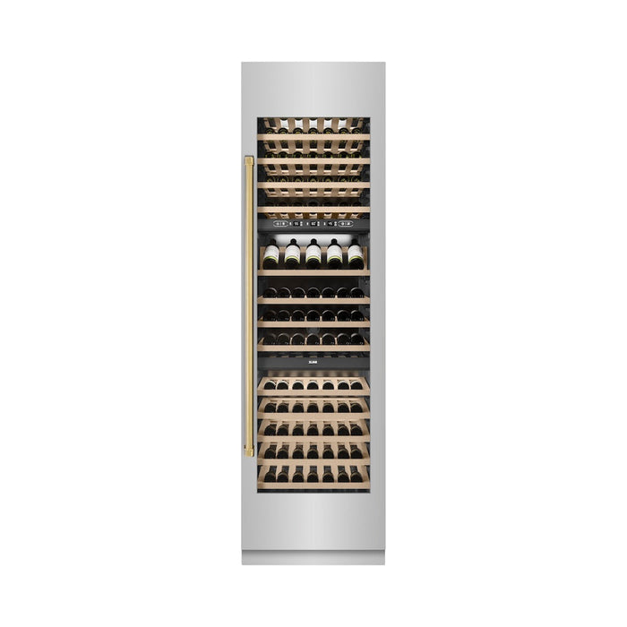 ZLINE Autograph Edition 24 in. 12.4 cu. ft. Triple Zone 100 Bottle Column Wine Cooler in Stainless Steel and Polished Gold Accents (RCWVZ-304-24-G)