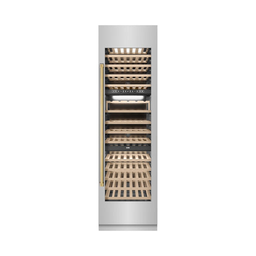 ZLINE Autograph Edition 24 in. 12.4 cu. ft. Triple Zone 100 Bottle Column Wine Cooler in Stainless Steel and Polished Gold Accents (RCWVZ-304-24-G)