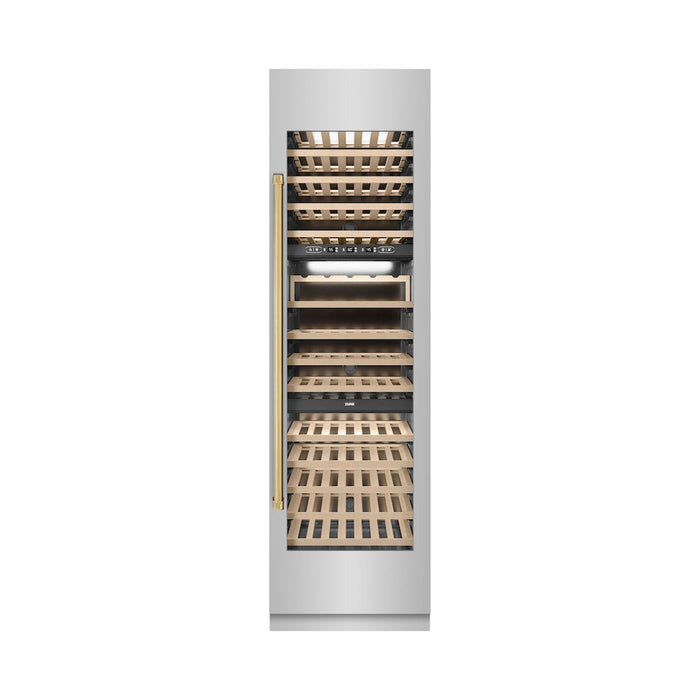 ZLINE Autograph Edition 24 in. 12.4 cu. ft. Triple Zone 100 Bottle Column Wine Cooler in Stainless Steel and Polished Gold Accents (RCWVZ-304-24-G)