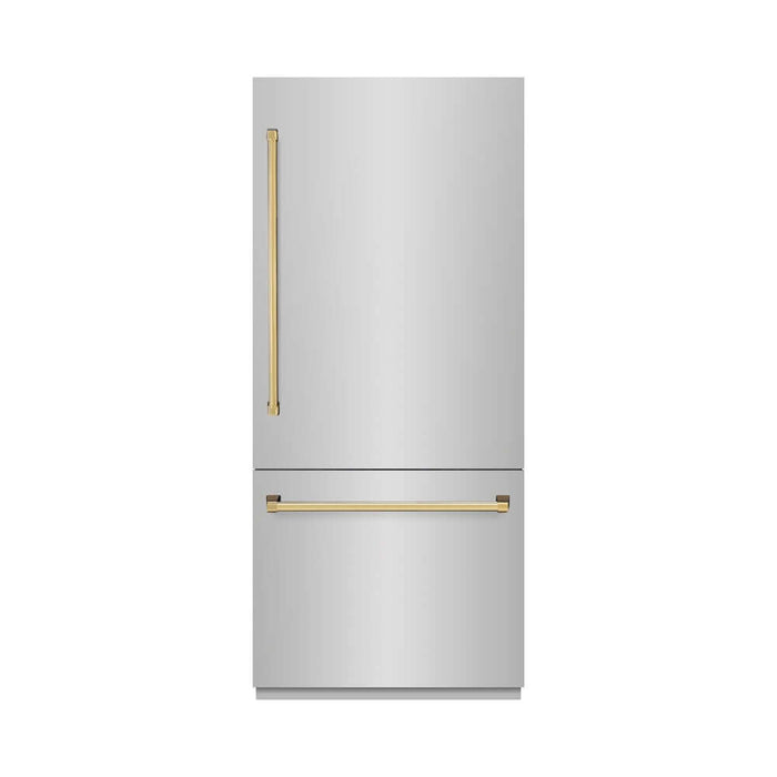 ZLINE Autograph Edition 36 in. 19.8 cu. ft. Built-In Bottom Freezer Refrigerator with Water Dispenser and Ice Maker in Stainless Steel with Graphite Gray Interior and Polished Gold Accents (GRBITZ-304-36G)