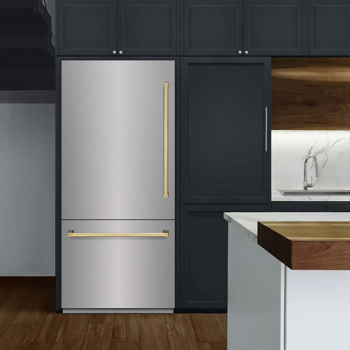 ZLINE Autograph Edition 36 in. 19.8 cu. ft. Built-In Bottom Freezer Refrigerator with Water Dispenser and Ice Maker in Stainless Steel with Graphite Gray Interior and Polished Gold Accents (GRBITZ-304-36G)