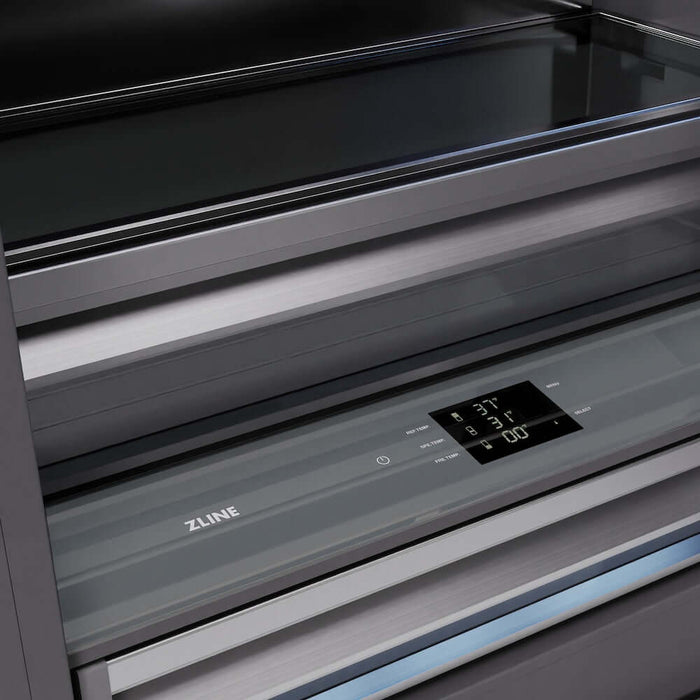 ZLINE Autograph Edition 36 in. 19.8 cu. ft. Built-In Bottom Freezer Refrigerator with Water Dispenser and Ice Maker in Stainless Steel with Graphite Gray Interior and Matte Black Accents (GRBITZ-304-36MB)